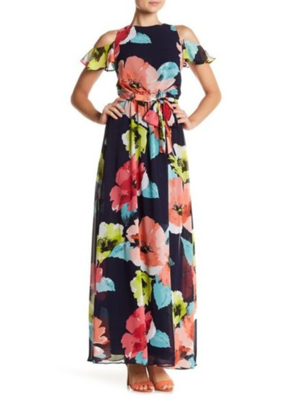 Vince Camuto Floral Chiffon Maxi Dress Sz 14 Navy Multi Romantic Cold-Shoulder